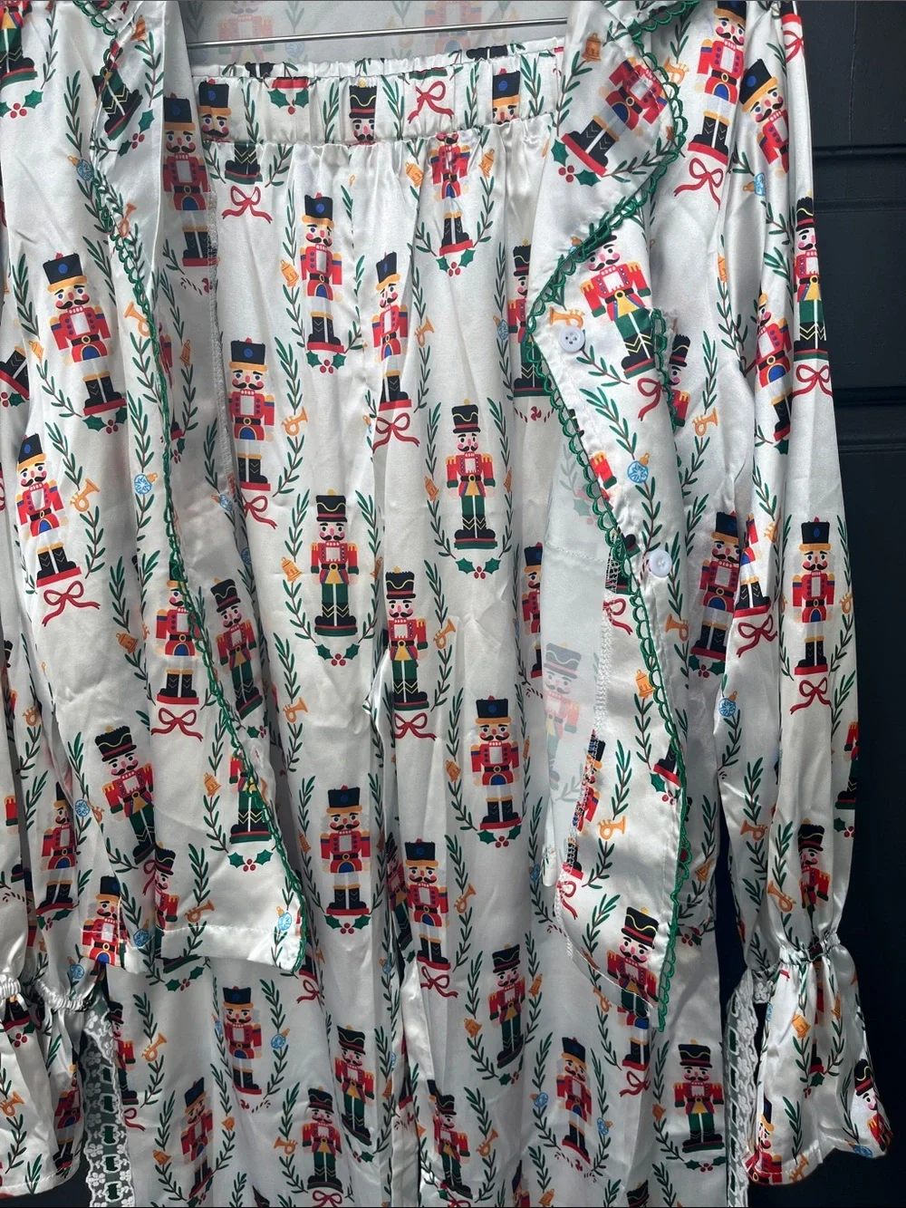 Nutcracker Print Satin Pajama Set - White with Red & Green